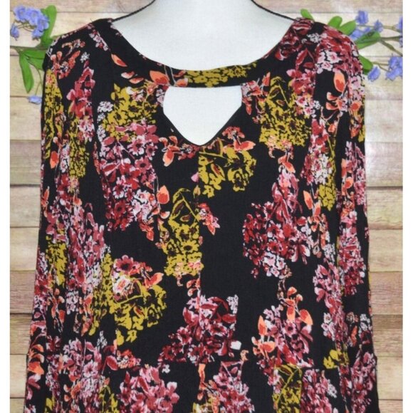 Nina Leonard Black Floral Boho Long Bell Sleeve Knee Length Dress Plus Size 2X - Picture 2 of 12